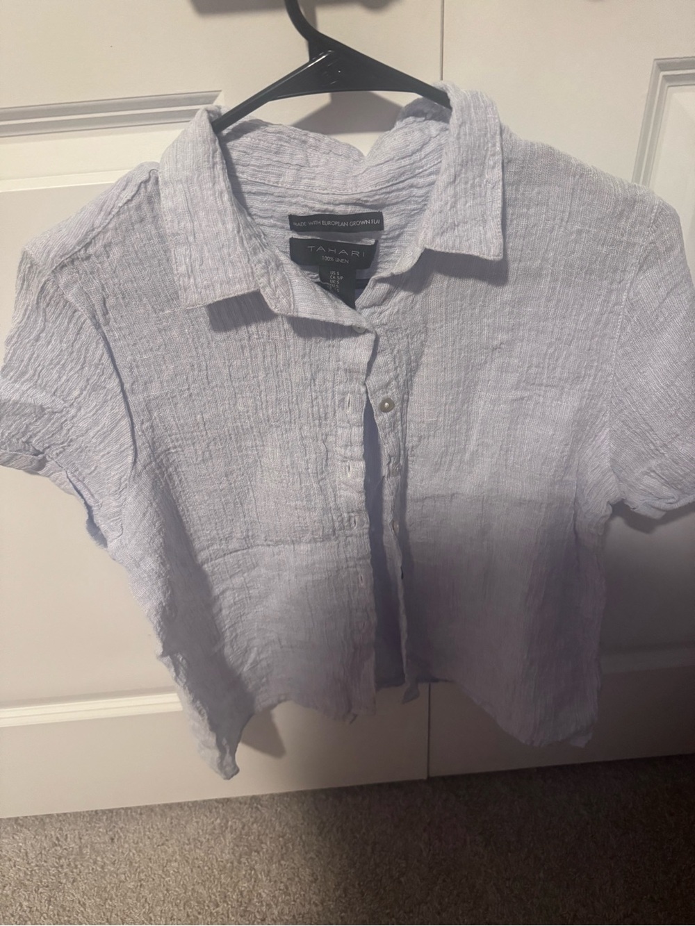 Tahari Pale Blue Short Sleeve Linen-Blend Button Shirt
